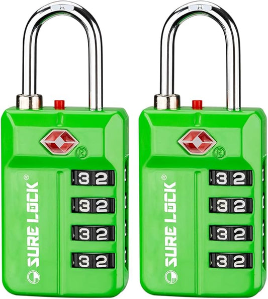 SURE LOCK TSA Approved 4-Digit Resettable Combination Luggage Locks with Open Alert, Easy-Read Dials - for Luggage, School Lockers, Gym, Office, Toolbox & Security Cases(Green 2 Pack)