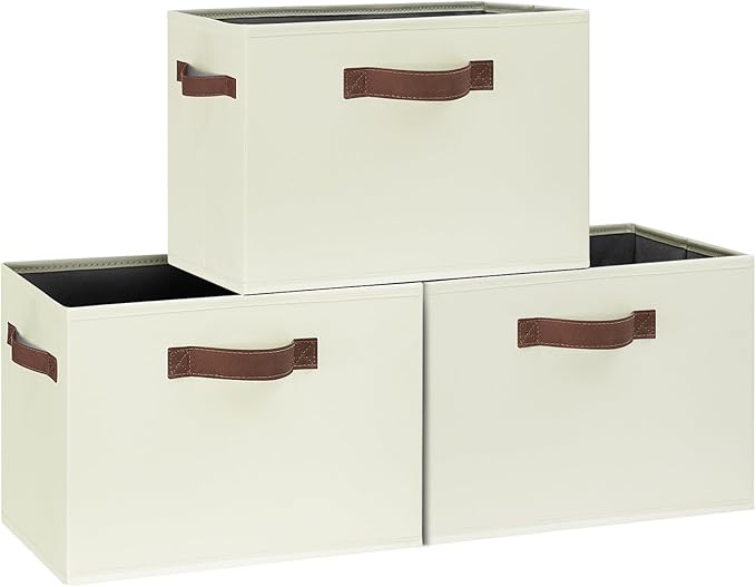 GhvyenntteS Large Fabric Storage Bins with 3 Handles, 15x11x9.6 Inch Storage Baskets for Shelves, Foldable Closet Storage Bins for Shelves, Closet Organizers and Storage Boxes, Beige