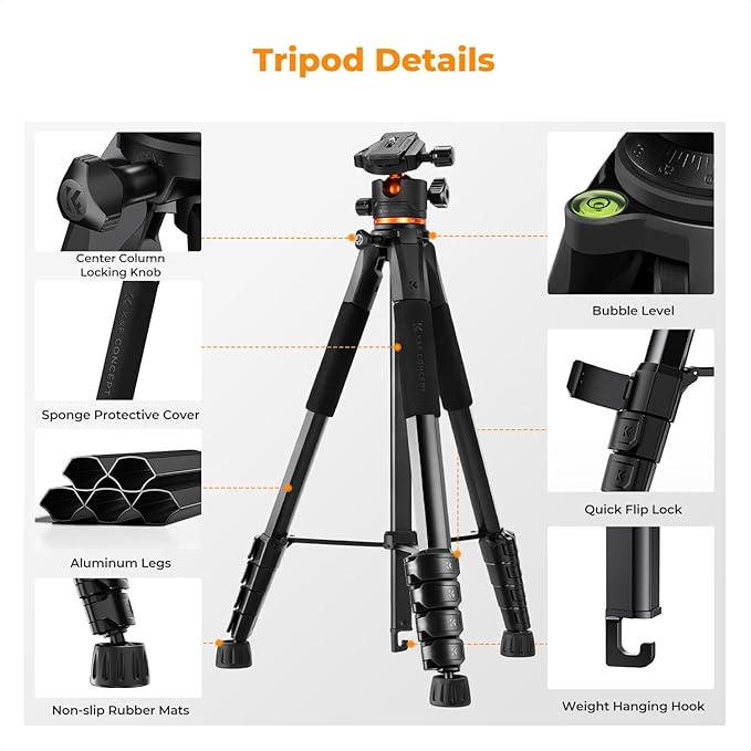 K&F Concept 75 inch/190cm Camera Tripod,Lightweight Travel Outdoor DSLR Tripods with 360 Degree Ball Head Load Capacity 8kg/17.6lbs,Cellphone Clip and Remote Control for Smartphone S255A3+BH-36