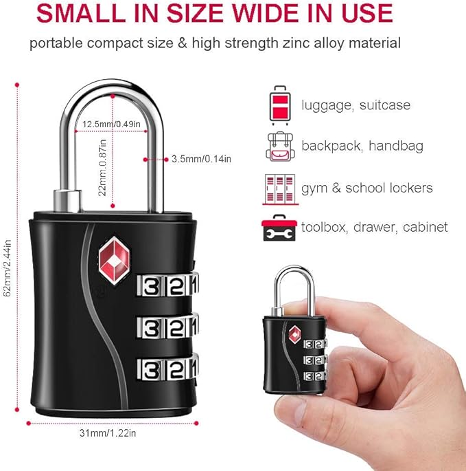 ZHEGE Luggage Locks TSA Approved, Small Padlock for Travel, Suitcase, Backpack, Laptop Bag and Handbag-Easy to Set with Alloy Body (Black)