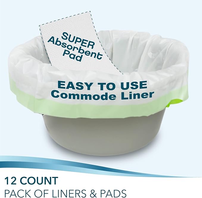 Disposable Bedside Commode Liners and Pads for Portable Toilet Chair Seat Bucket and Bedpan | Combo Pack of 12 Waste Bags and 12 Absorbent Pads | Universal Fit