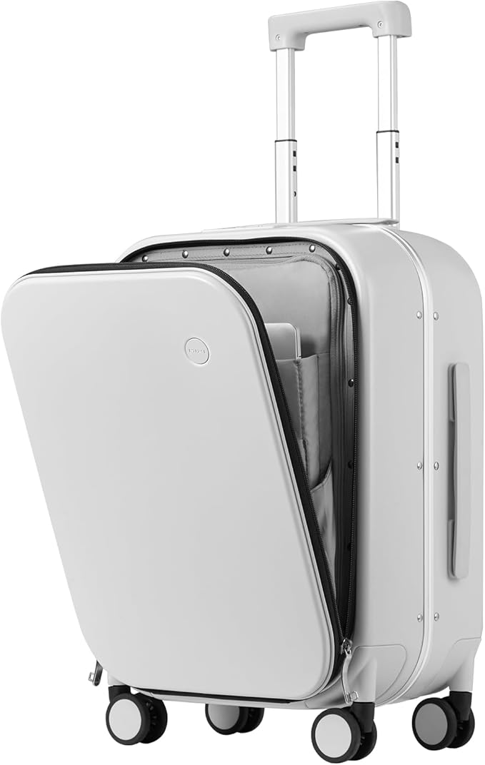 mixi Carry On Luggage, 20'' Suitcase with Front Laptop Pocket, Travel Rolling Luggage Aluminum Frame PC Hardside with Spinner Wheels & TSA Lock and Cover - Smoke White