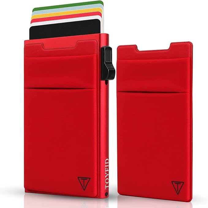 Minimalist Metal wallet,RFID Blocking Smart Pop Up Card Wallet 6-12 Cards Holder Slim Compact Front Pocket Wallets with Elastic Coin Pocket for Men and Women,Red