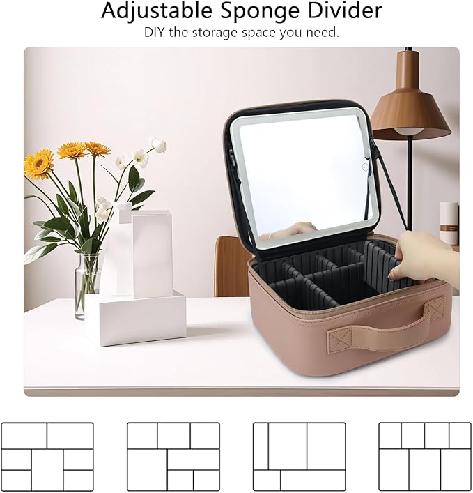 Travel Makeup Bag with LED Mirror Travel Makeup Organizer with 3 Lighted Settings, Adjustable Dividers and Makeup Brush Storage Bag Mocha