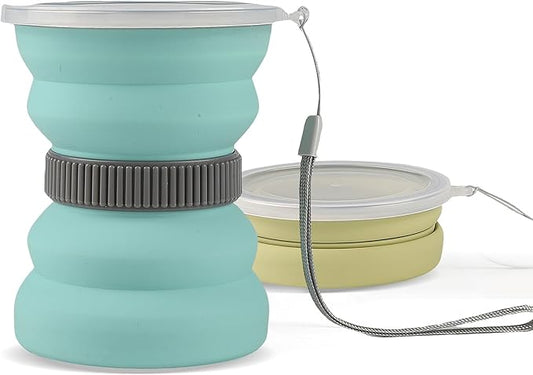 IYYI Collapsible Travel Cup, 10.5oz Foldable Cup with Lid, Silicone Folding Cups for Camping, Hiking, Outdoors, Travel, Portable Camping Cup Set (Green+Sage)