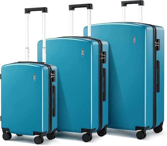 Hanke Hard Shell Luggage Sets 3 Pieces, Carry On and Checked Luggage Sets with Spinner Wheels, Durable PC Hardside Rolling Suitcase for Travel (20/24/28 Inch, Caribbean Blue)