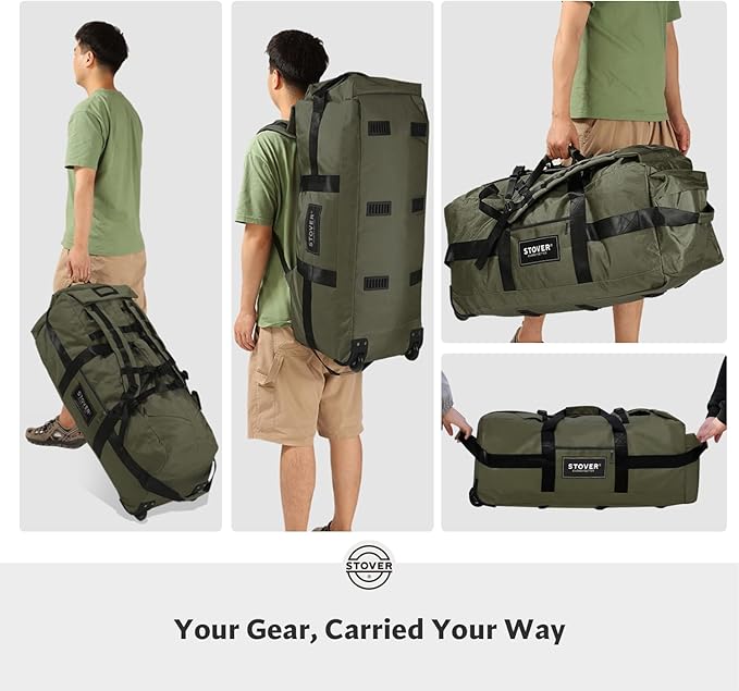 STOVER 80L Rolling Duffel Bag with Wheels, Large 31 Inch Durable Travel Duffle + Toiletry Bag, Heavy Duty, Packable, Foldable w/Shoulder Straps- Use as Luggage or Backpack, Men/Women (Green)