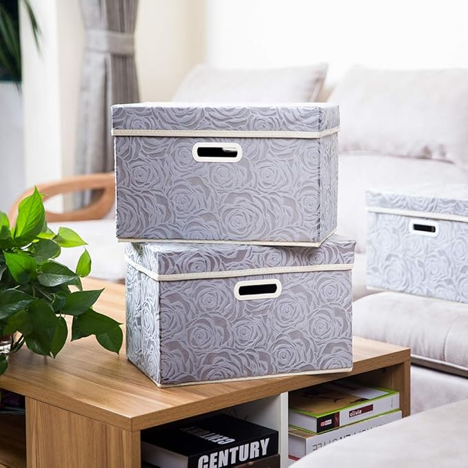 PRANDOM Collapsible Storage Boxes with Lids Fabric Decorative Storage Bins Cubes Organizer Containers Baskets with Cover Handles Divider for Bedroom Closet Living Room 14.9x9.8x9.8 Inch 3 Pack