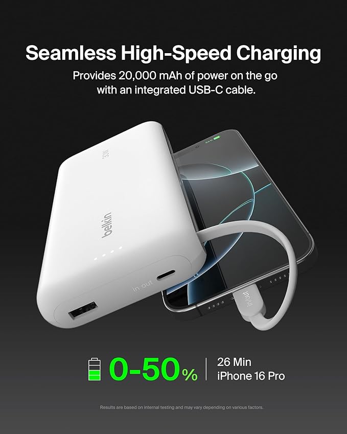 Belkin Portable Charger, Power Bank with Integrated Cable 20000 mAh 30W - Fast Charging USB C Power Delivery, iPhone Charger - iPhone 16 Series, iPad Pro, Galaxy S25 Series, & More - White