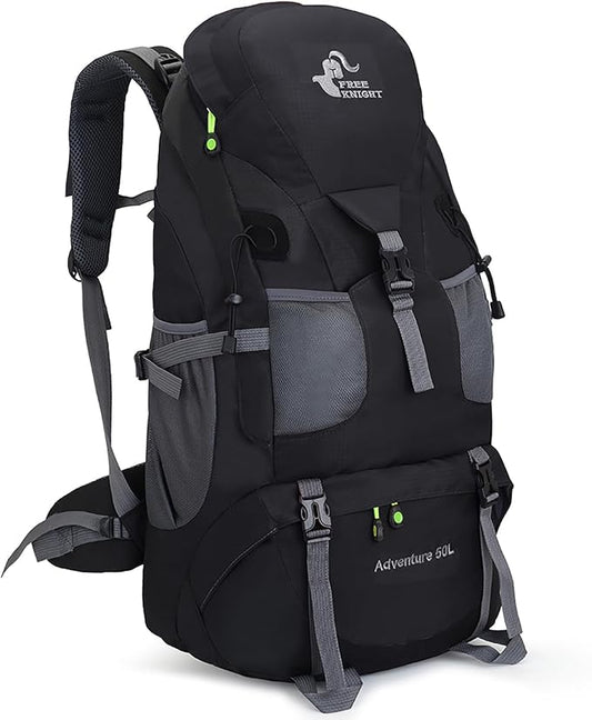Bseash 50L Hiking Backpack, Water Resistant Lightweight Outdoor Sport Daypack Travel Bag for Camping Climbing Skiing Cycling (Black - No Shoe Compartment)