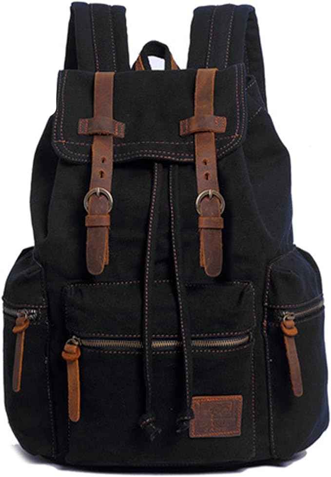 AUGUR High Capacity Canvas Vintage Backpack - for Hiking Travel 12-15" Laptop Backapcks for Men Casual Daypacks School bag Rucksack (M-Black)