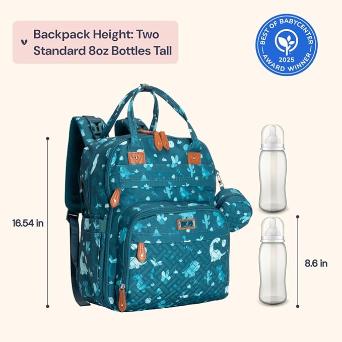 BabbleRoo Diaper Bag Backpack - Baby Essentials Travel Tote - Multi Function Water Resistant Diaper Bag, Travel Essentials Baby Bag with Changing Pad, Stroller Straps & Pacifier Case - Unisex, Dino
