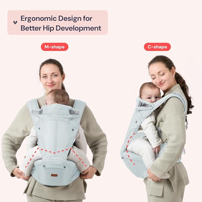 BabbleRoo Grow Carrier – 6-in-1 Baby Carrier with Hip Seat, Ergonomic, Cozy & Adjustable Toddler Carrier 7-50 lbs with Hip & Lumbar Support, Hood for Sun Protection, Newborn to Toddler, Seafoam