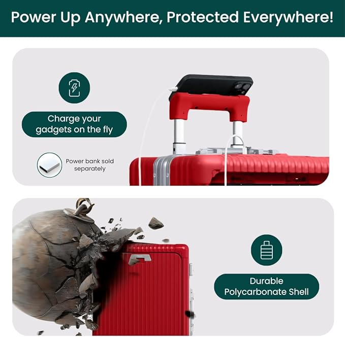 Nobl Travel Carry On Luggage, Noble Zipperless Aluminum Frame PC Hard Shell Suitcase, 22.5x15x9.5 Airline Approved, 360° Spinner Wheels, TSA Locks, USB Charging Port, Cup & Phone Holder - Red