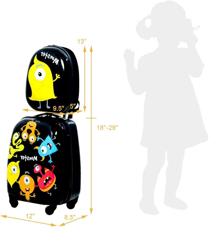 HONEY JOY Kids Luggage, 12" Toddler Backpack & 16" Travel Suitcase with Wheels, Lightweight Toddler Girls Suitcase, Durable ABS Hardshell, 2Pcs Carry On Luggage Set for Boys Girls, Black Monster