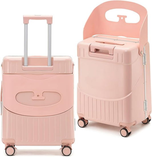 22'' Hardside Ride-On Suitcase with Seat for Kids & Adults – Travel Luggage with 360° Spinner Wheels, Lockable TSA Lock & Seat Belts, Foldable Stool for Airport Waiting