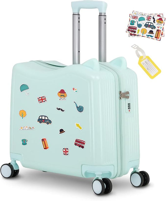 20" Ride-On Travel Suitcase for Kids, Cute Ear Toddler Carry on Luggage with Spinner Wheels, Children Rolling Trolly Luggage with Combination Lock (Green)