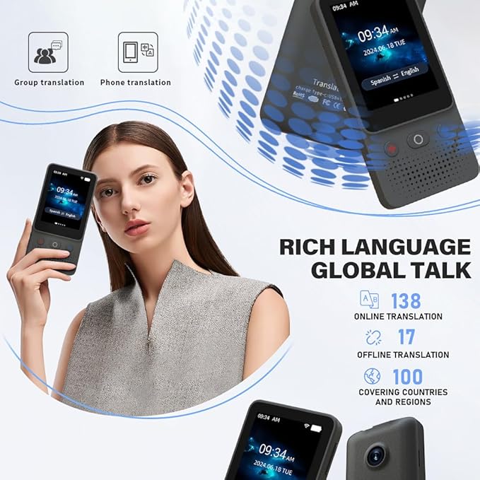 Language Translator Device, Traductor - 2025 Upgraded ChatGPT AI Translator No WiFi Needed, Instant Two-Way 138 Language Voice Translator, Offline/Recording/Photo Translation for Business Travel Study
