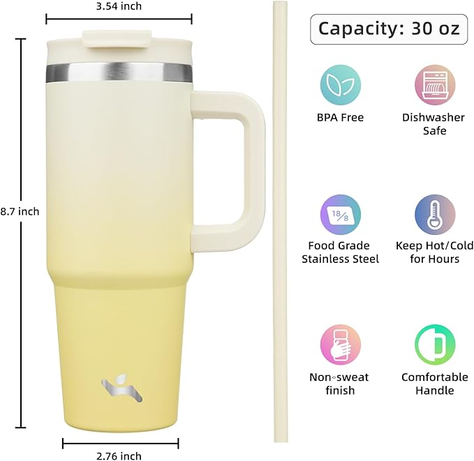 30 oz Tumbler with Handle and 2 Straws,2 in 1 Lid Insulated Water Bottle Stainless Steel Travel Coffee Mug,Lemon