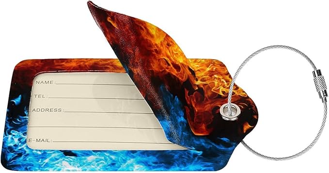 2-Pack Cool Ice and Fire Luggage Tags for Suitcases, Red and Blue Leather Baggage Tag with Loop, Cool Luggage Identifiers Name ID Card Cover Travel Bag Labels Set