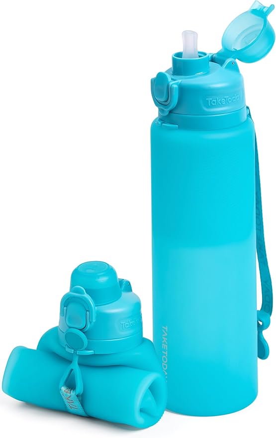 TakeToday Collapsible Water Bottles 32oz, Foldable Travel Water Bottle, BPA Free, Silicone Water Bottle Leakproof for Hiking, International Travel, Outdoors