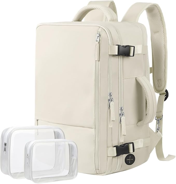 Hanples Large Travel Backpack for Women, 35L Carry on Luggage Backpack, College Laptop Backpack Airline Approved Business Work Bag Fits 17 Inch Computer for Men with 2 Toiletry Bags (Beige)