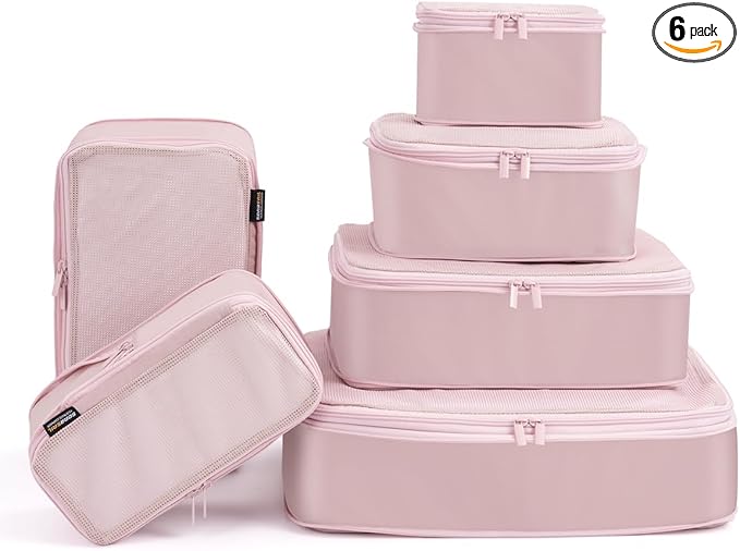 6 Set Compression Packing Cubes for Travel, Large Medium Small Luggage Organizers, Storage Bags for Clothes (6 Pack, Dusty Pink)