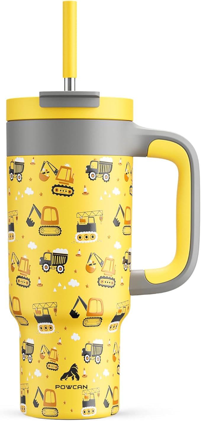 24 oz Stainless Steel Cup with Handle for Preschooler: BPA-Free, Lid with Straw, Easy to Clean, Car Cupholder Friendly, Insulated Tumbler for Playtime, Sports, Summer Camp, Vacation, Gift (Dig It Up)