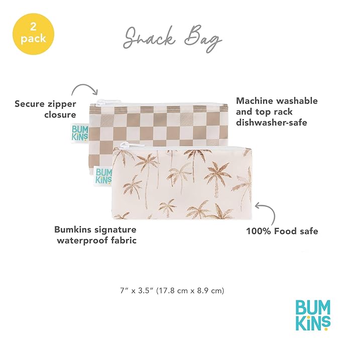Bumkins Reusable Snack Bags, for Kids School Lunch and for Adults Portion, Washable Fabric, Waterproof Cloth Zip Bag, Supplies Travel Pouch, Food-Safe Storage, 2-pk Palm Trees, Check