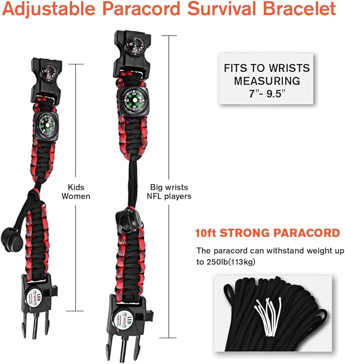 20 in 1 Survival Paracord Bracelet Adjustable Gear Kit with SOS LED Light, Fire Starter, Bigger Compass, Survival Whistle, Perfect for Camping, Hiking, Fishing