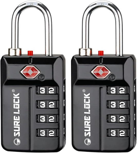SURE LOCK TSA Approved 4-Digit Resettable Combination Luggage Locks with Open Alert, Easy-Read Dials - for Luggage, School Lockers, Gym, Office, Toolbox & Security Cases (Black 2 Pack)