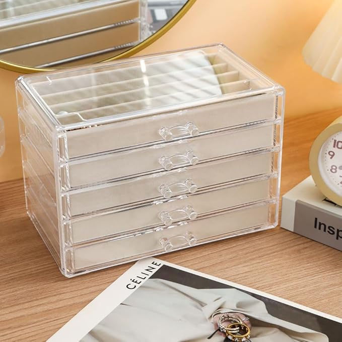 5 Drawers Necklace Organizer Storage, Tray with Clear Lid, Dustproof Velvet Necklaces Holder Storage Display Case, Necklace Tray Drawer Insert for Pendant Suitable for Women and Girls (25 grids)