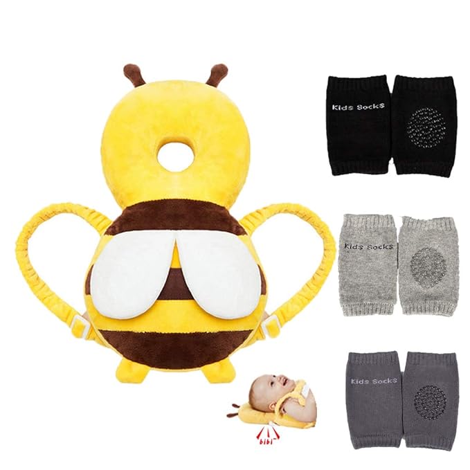 Feidoog Baby Head Protector Cushion Backpack with 3 Knee Pads for Walking & Crawling,Bee