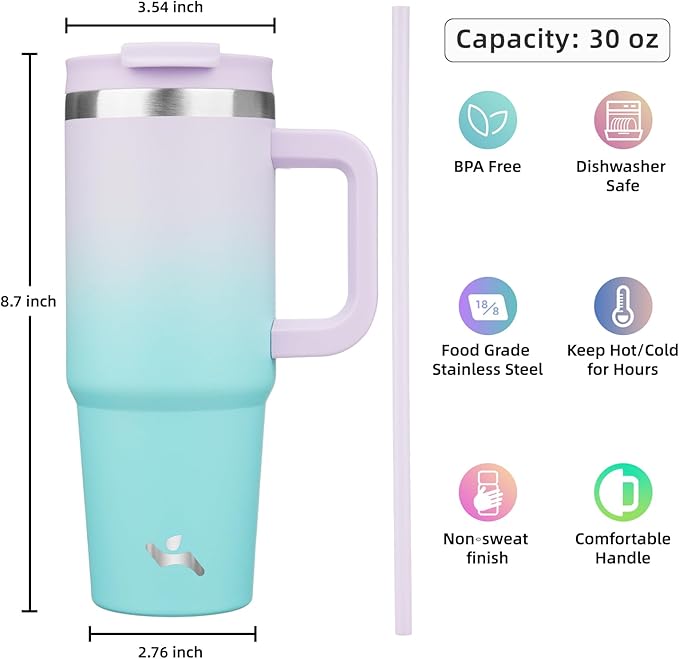 30 oz Tumbler with Handle and 2 Straws,2 in 1 Lid Insulated Water Bottle Stainless Steel Travel Coffee Mug,Lavender Green