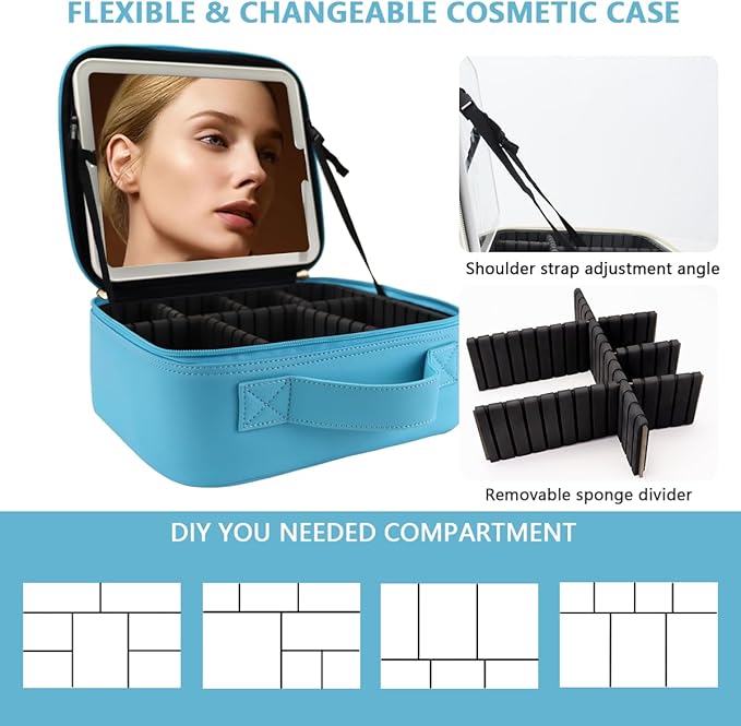 Travel Makeup Bag for Makeup Artists Large Makeup Case,with Mirror 3 Color Setting and Detachable 10x Magnifying Mirror Travel Makeup Bag,Portable Storage and Adjustable Dividers（blue）