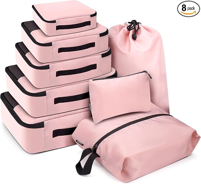 8 PCS Compression Packing Cubes for Travel Women, Compression Bags Organizer for Luggage Space Saving Travel Essentials and Carry on, Luggage Organizer Bags for Suitcase - Pink