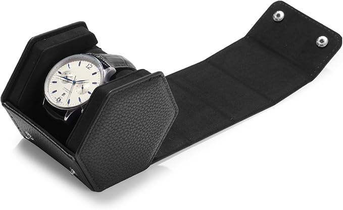 Oirlv Luxury Hexagonal Leather Watch Travel Case Single Watch Box for Men Portable Jewelry Storage Roll Organizer (1-Slot,Black)