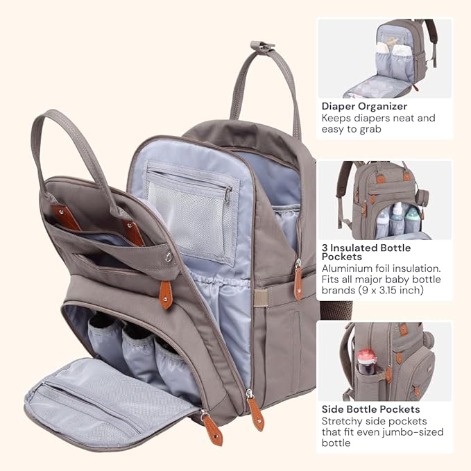 BabbleRoo Diaper Bag Backpack - Baby Essentials Travel Tote - Multi Function Water Resistant Diaper Bag, Travel Essentials Baby Bag with Changing Pad, Stroller Straps & Pacifier Case - Unisex, Khaki