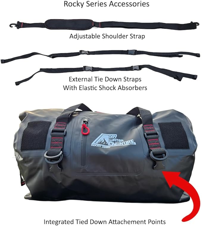 Motorcycle Waterproof Duffel Bag With Tie Down Straps, Marine Grade (60 Liter/15.8 Gallon, Rocky Series, Black)