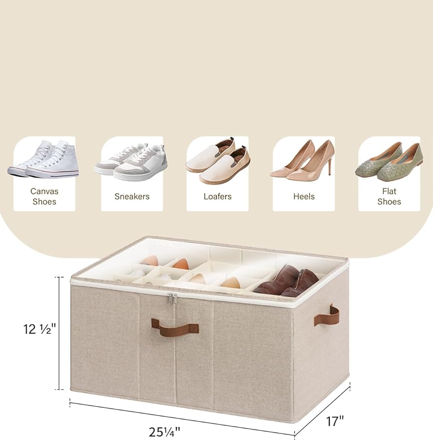 StorageWorks Shoe Organizer for Closet, Fits up to 24 Pairs, Shoe Cubby Storage Containers with Adjustable Dividers and Clear Cover, Mixing of Brown & Beige