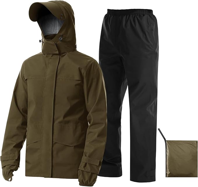 iCreek Rain Suit Waterproof Jacket with Pants 2 Pieces Breathable Lightweight Packable Raincoat with Hooded Rain Gear Unisex
