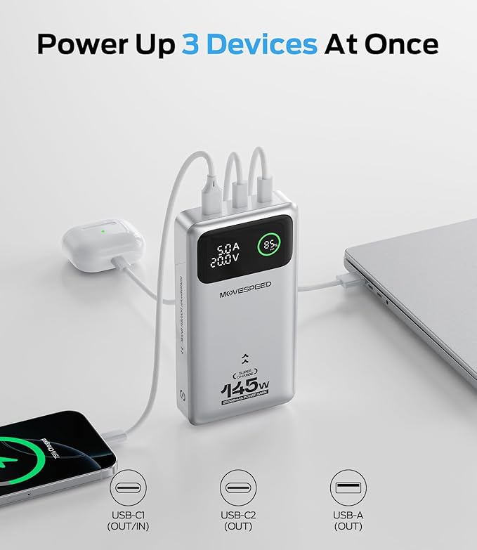 MOVE SPEED 145W Laptop Power Bank, PD 3.1 25,000mAh Fast Charging Portable Charger with 240W Type C Cable, USB C 3-Port with Digital Display Travel Outdoor Charger for iPhone, Dell, MacBook, Galaxy