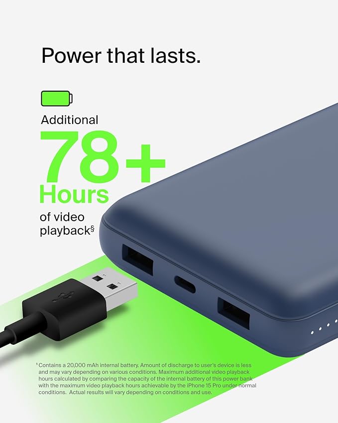 Belkin Portable Charger, USB C Power Bank 20000 mAh w/ 2 USB-A Ports, 15W w/ Type-A to Type-C Cable for iPhone 16, 15, Plus, Pro, Max, Samsung Galaxy S25, S24, Google Pixel 10, iPad, etc. - Blue