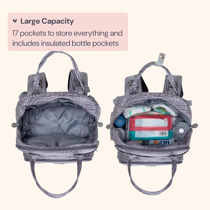 BabbleRoo Diaper Bag Backpack - Baby Essentials Travel Tote - Multi Function Water Resistant Diaper Bag, Travel Essentials Baby Bag with Changing Pad, Stroller Straps & Pacifier Case - Grey Swirls