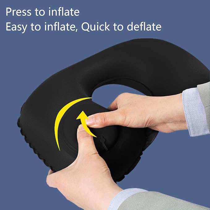 Inflatable Travel Pillow for Sleeping Airplane - Inflatable Neck Pillow for Traveling on Plane, Press to Inflate,Portable Travel Neck Pillow with Carry Bag （Black）