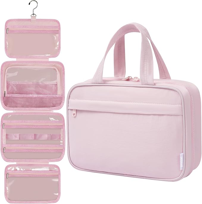 Toiletry Bag For women,Portable Hanging Organizer,4 Leakproof Compartment for full-sized Conditioner, Brushes Set, Makeup Accessories,Visible and easy to access.M-light pink
