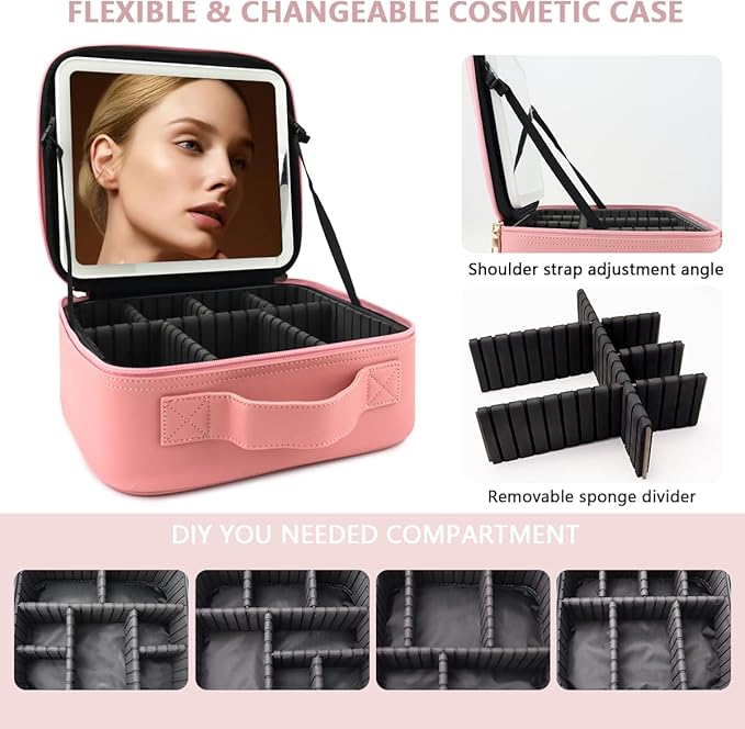 Travel Makeup Bag for Makeup Artists Large Makeup Case,with Mirror 3 Color Setting and Jewelry box Travel Makeup Bag,Portable Storage and Adjustable Dividers（pink）