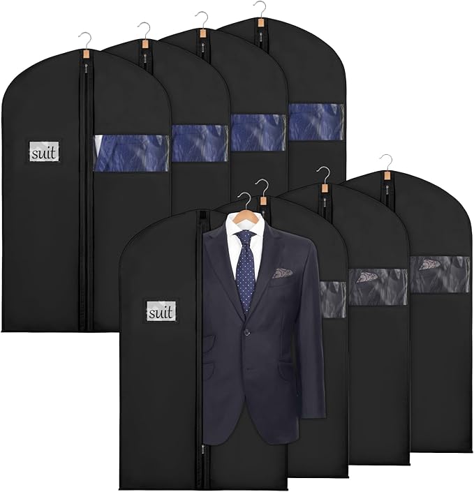 Syeeiex 40" Suit Bag(Set of 8), Suit Bags for Closet Storage, Garment Bags for Hanging Clothes, Suit Cover Bags for Suits, T-shirts, Jackets, Coats, Business Wear (Black)