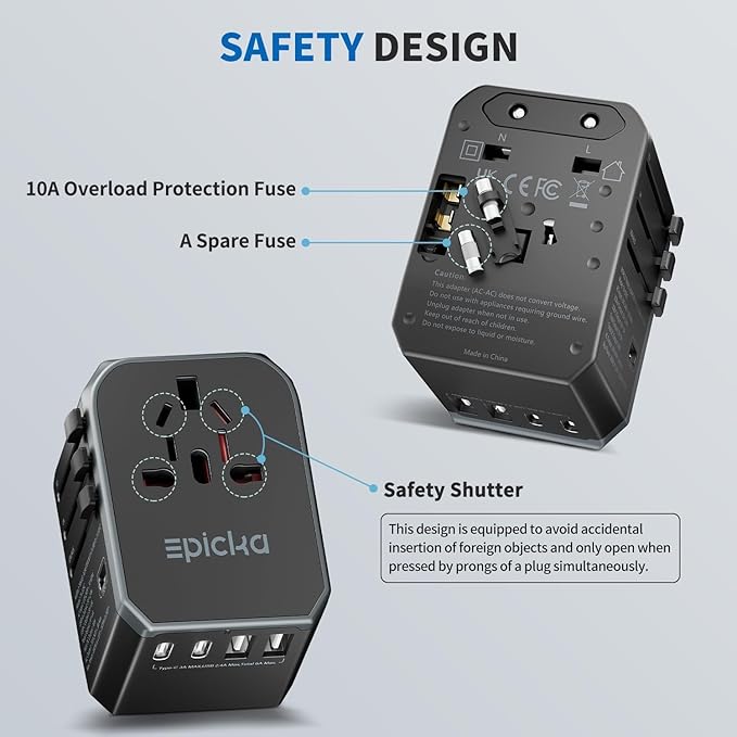 EPICKA Universal Travel Adapter, International Power Adapter with 2 USB-A & 3 USB-C Ports Wall Charger - Worldwide Travel Essentials, European Travel Plug Adapter for UK/US/AU (TA-105C, Black)