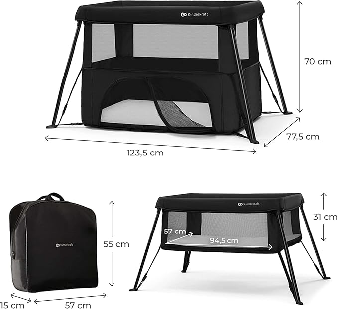 Kinderkraft CAMI 3-in-1 Baby Bed, Travel Bed for Baby, from Birth to 3 Years, Baby cot, Travel cot, Easy to Fold Compactly, Travel Bag Included, Two Levels, Black
